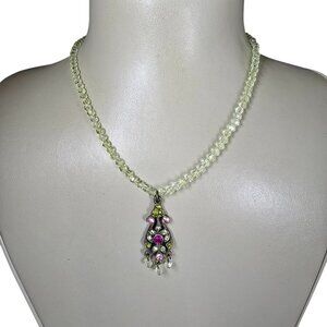 Vintage Beaded Green Pink Pendant Necklace